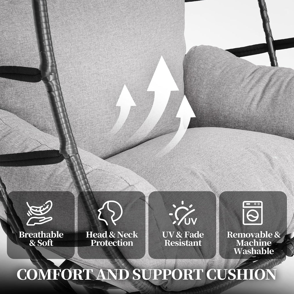 Hanging Egg Chair with Stand, Indoor Outdoor Rattan Wicker Egg Swing Chair with Cushion, Patio Hammock Chair for