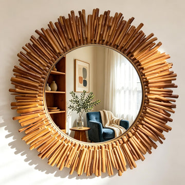 Round Wall Mirror, 30 Inch Bohemian Sunburst Wall Mirror with Natural Wooden Stick Frame, Rustic Farmhouse Circle