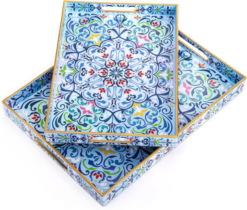 Set of 2 Boho Floral Serving Tray with Handles, 15.7" x 11.8" Decorative Plastic Ottoman Tray, Modern Large Coffee