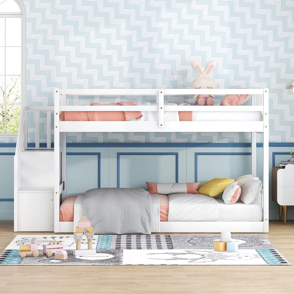 Low Bunk Beds Twin Over Twin with Stairs Solid Wood Bunk Bed Frame for Kids Boys Girls Teens, White
