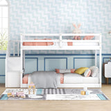 Low Bunk Beds Twin Over Twin with Stairs Solid Wood Bunk Bed Frame for Kids Boys Girls Teens, White