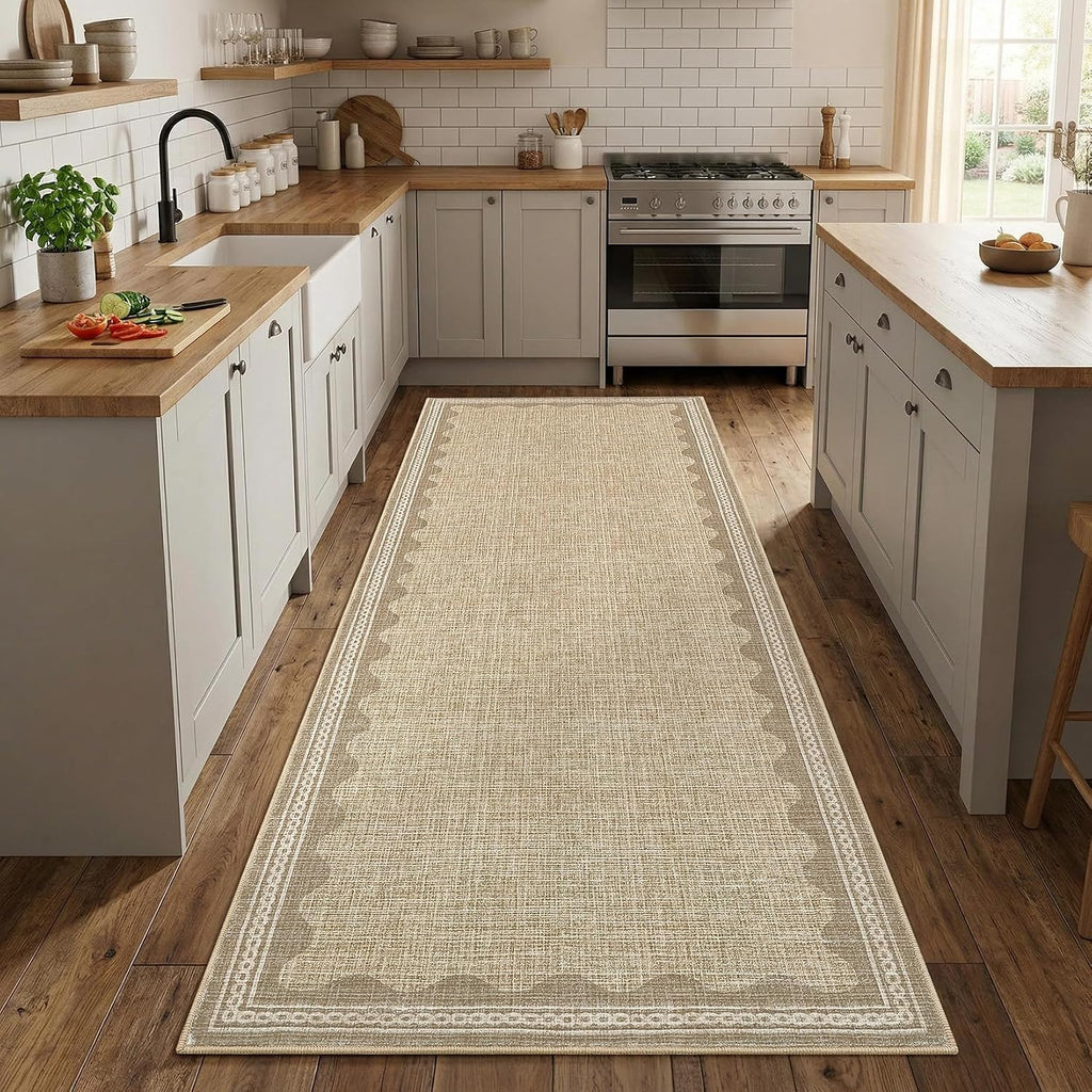 2.5x8 Runner Rug Washable Kitchen Rugs Non Slip Solid Tan Jute Digital Printing Modern Soft Low-Pile Scalloped Indoor