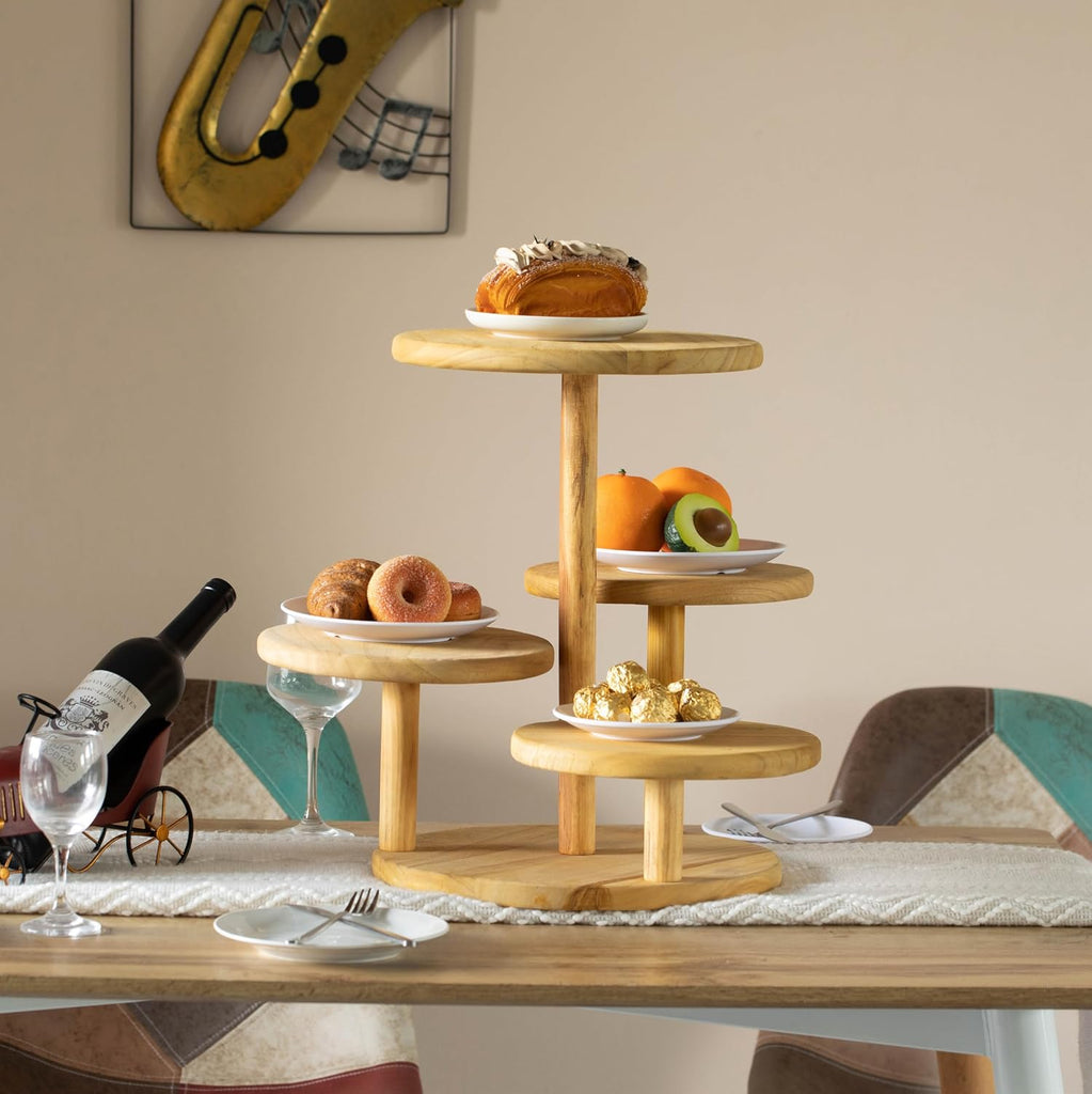 Multi Purpose 4-Tier Round Wooden Cake Stand and Charcuterie Boards - Perfect Tiered Tray Display for Desserts