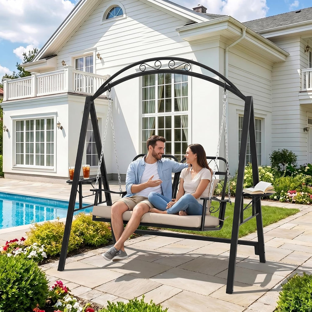 Porch Swing with Stand, 2-Person Metal Patio Swing with Cup Holder | Heavy-Duty Outdoor Swings Chair for adults with
