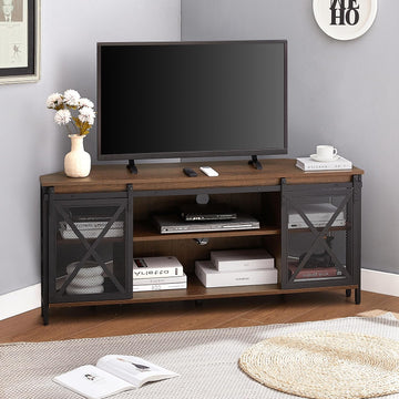 Corner TV Stand for 55 Inch TV, Rustic Corner Entertainment Center with Storage, Industrial Media Console Table with