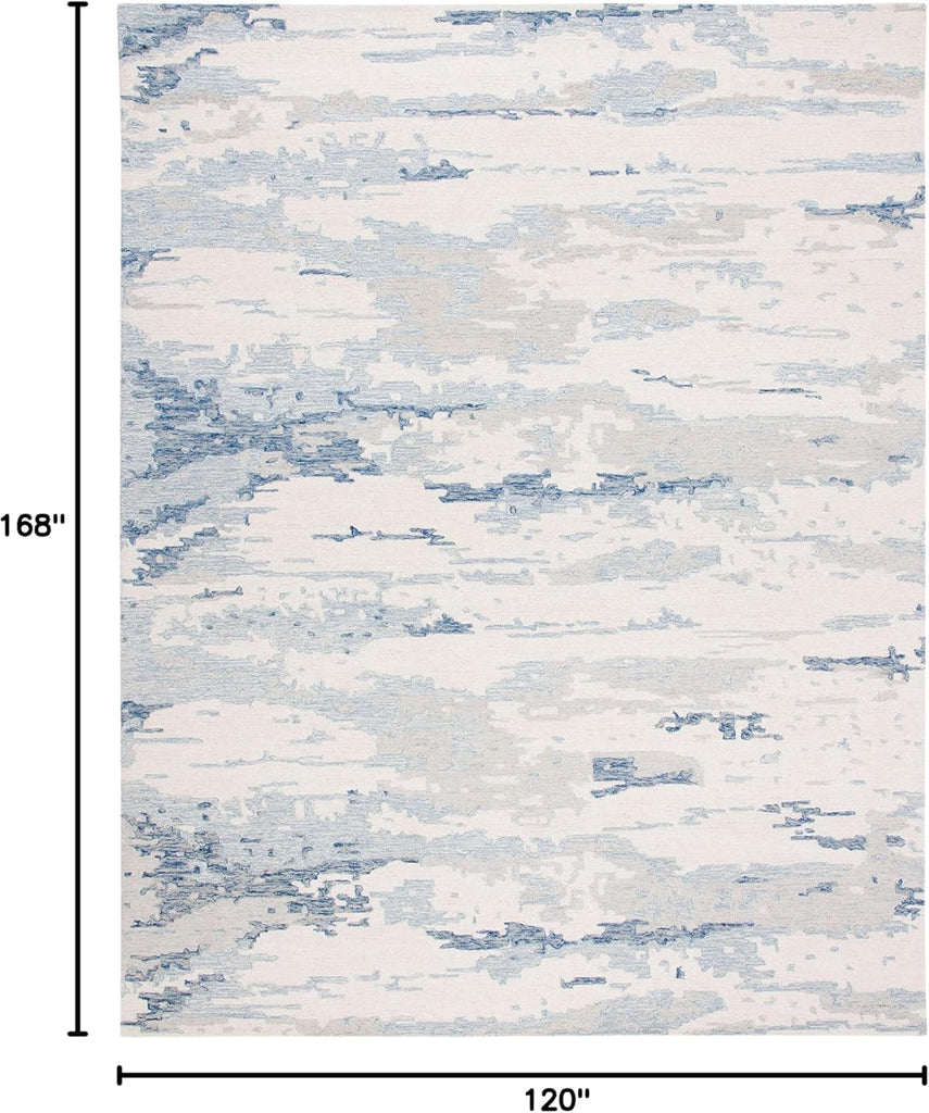 Abstract Area Rug - 10' x 14', Ivory & Blue, Handmade Abstract Wool