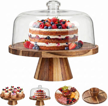 Acacia Wood Cake Stand with Lid 11.4" Charcuterie Board With Lid Multiuse Wooden Cake Stand with Dome Acrylic 6 in 1 - Set of 6