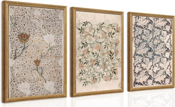 Vintage Floral Canvas Wall Art Set of 3, Retro Botanical Flower Prints with Wood Frame, William Morris Decor Bedroom