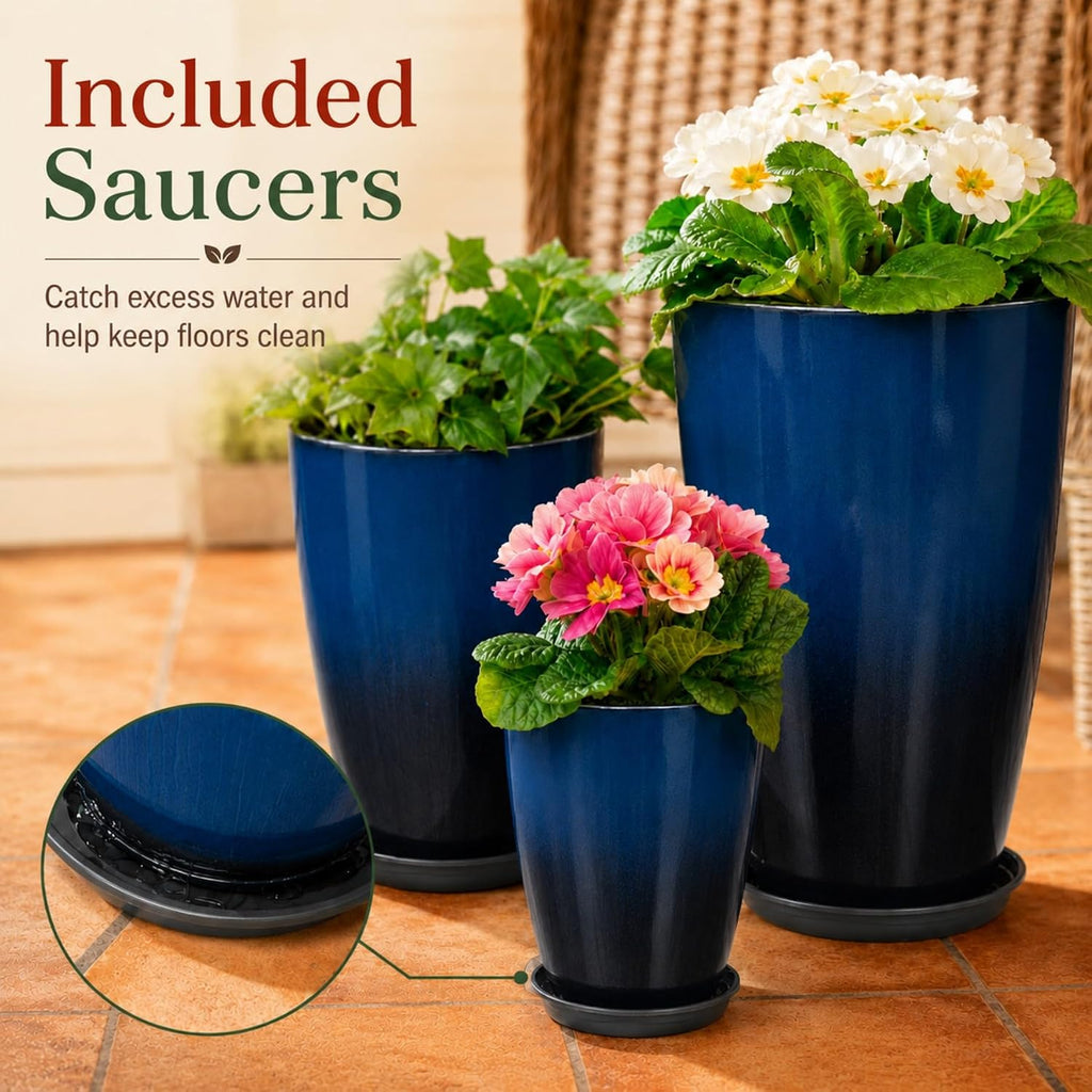Set of 3 Tall Planter, 24/21/12in Large Planter, Dark Blue | Ceramic-Look, Lightweight, Built-in Drain Hole, Saucers