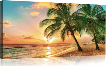 Beach Wall Art Ocean Canvas Wall Decor Tropical Palm Tree Picture for Wall Coastal Painting Gold Sunset Art Print