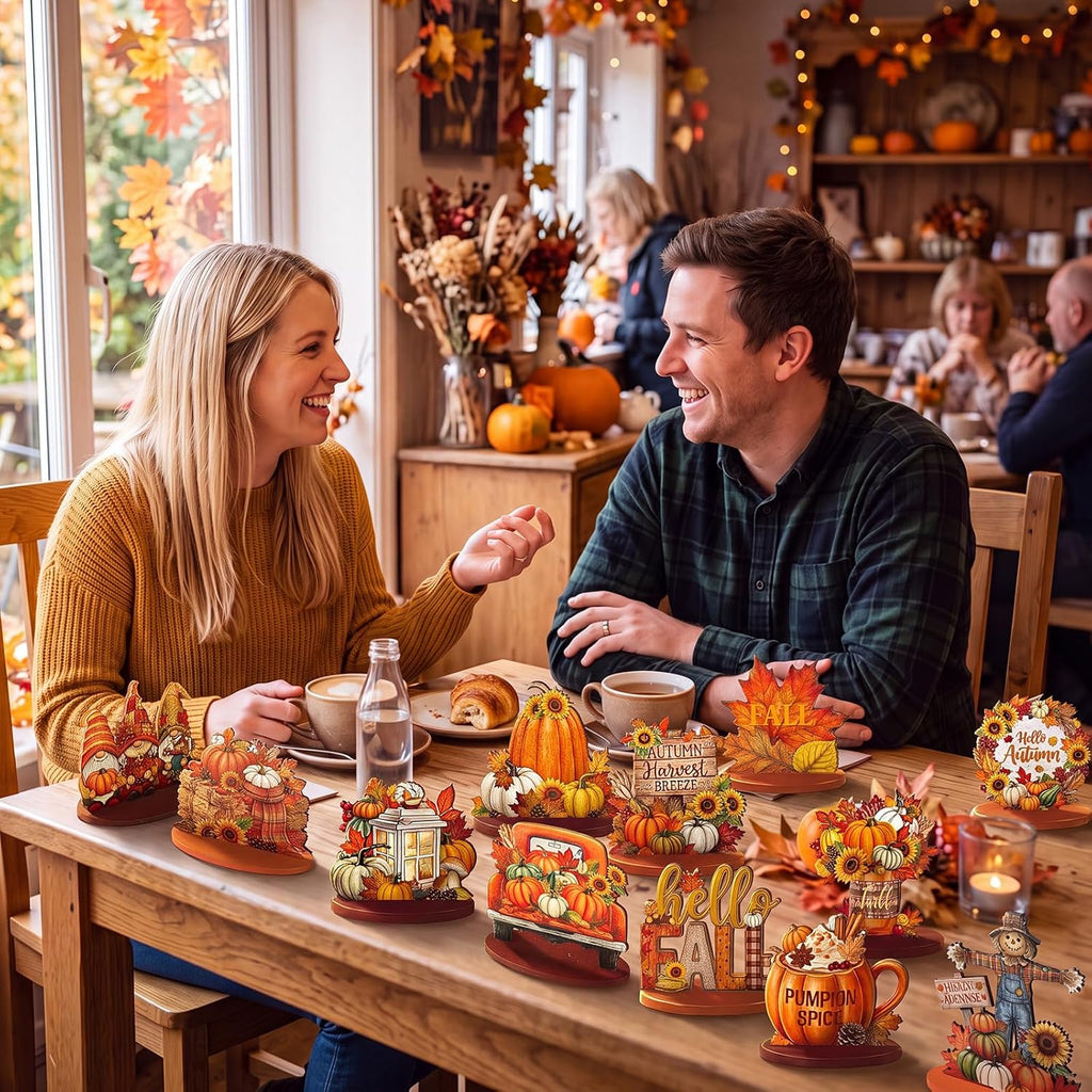 Fall Thanksgiving Table Decorations, Wooden Autumn Harvest Centerpiece, Pumpkin Gnome Scarecrow Table Topper - Set of 12