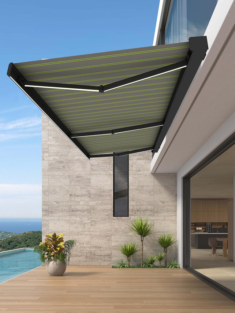 Custom Retractable Patio Awning Up to 26m (85ft) Width, Sun & Rain Shade Canopy, Aluminum Frame UV-Resistant Fabric