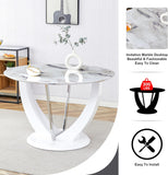 47" Round Dining Table for 4-6, White Faux Marble Kitchen Table with Wood Pedestal, Modern Circle Dinner Tables for