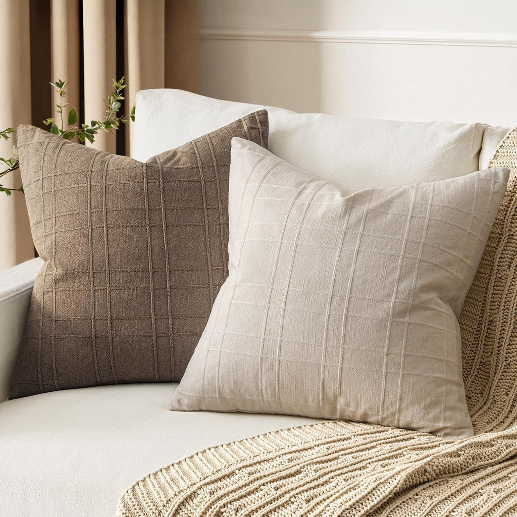 Decorative Linen Check Euro Shams Throw Pillow Covers Neutral Farmhouse Vintage Pillow Covers 26x26 Set of 2 Boho