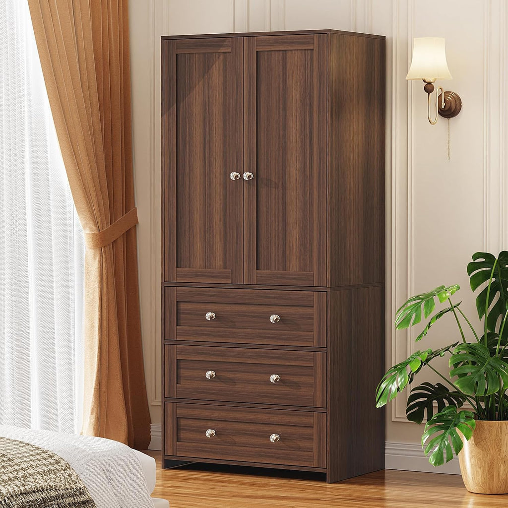 71" Tall Armoire Wardrobe Closet with Drawers and Mirror | Clothing Storage Cabinet with Hanging Rod, 2 Doors Wooden