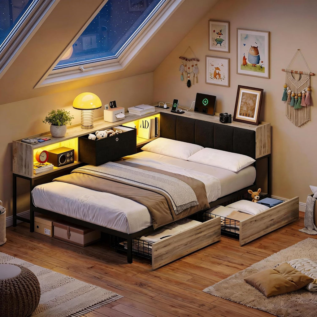 Twin Corner Bed Frame with 2 Storage Drawers, LED Lights & Charging Station, Storage Upholstered Headboard, Sturdy