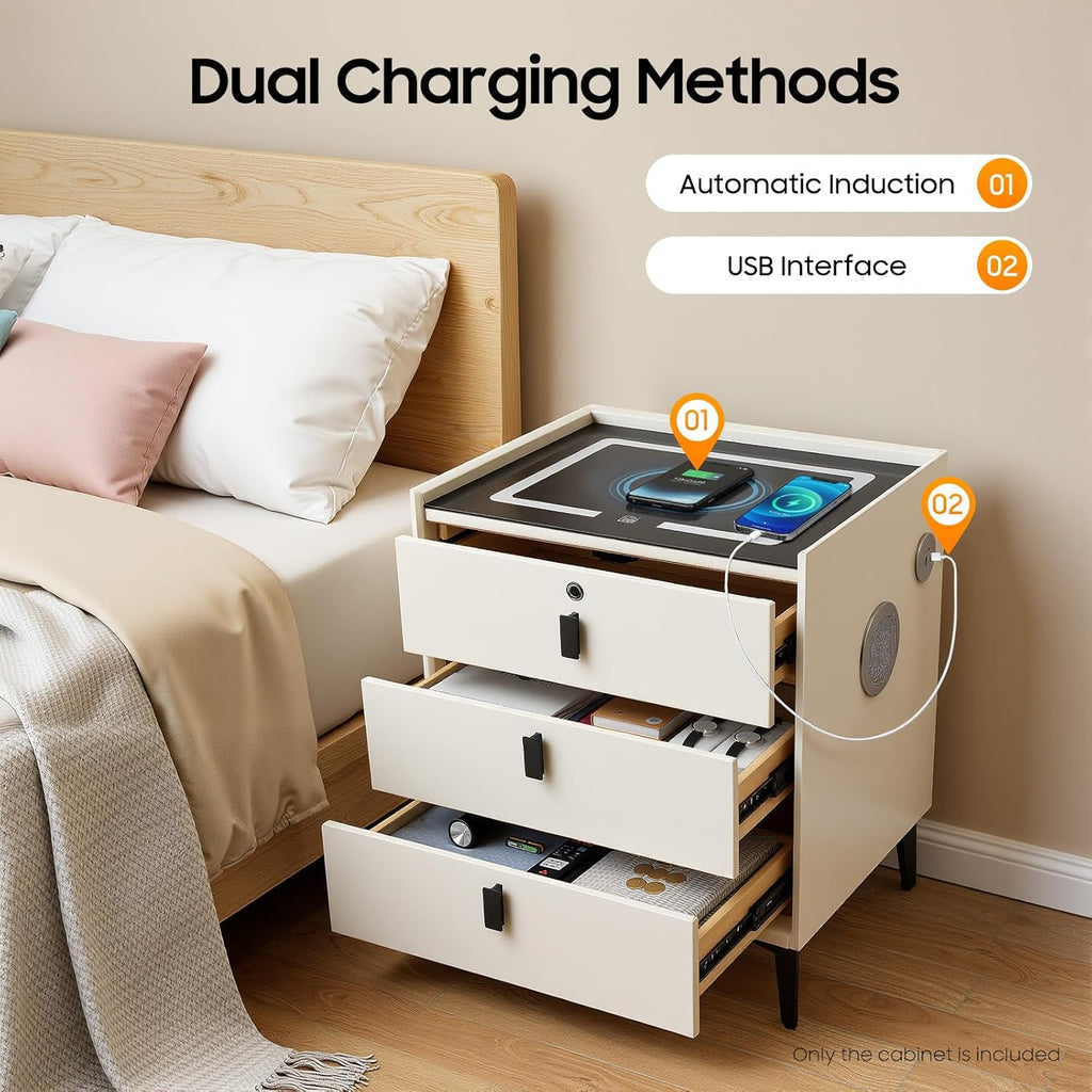 Smart Nightstand with Bluetooth Speaker USB Charging, 3 Drawer | Bedroom Daily Storage Scene, 4.72in Raised Legs