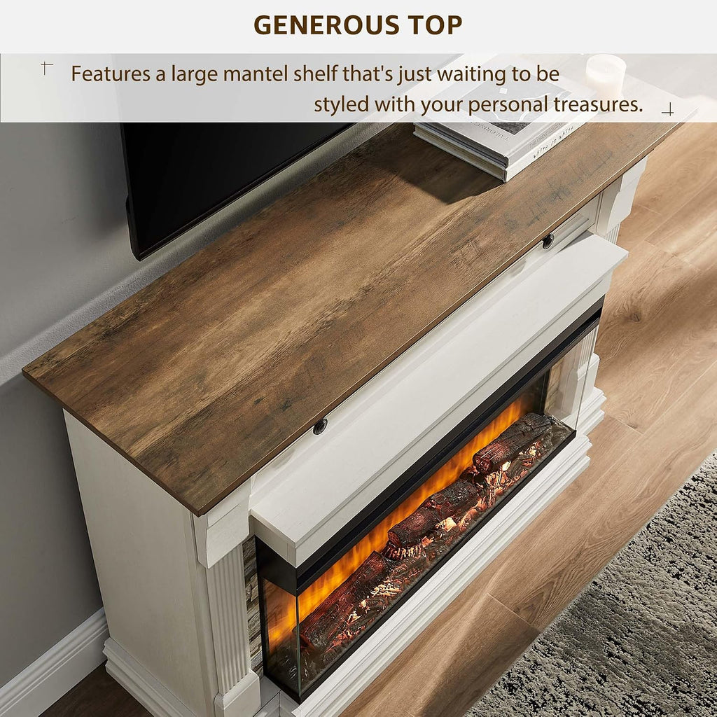 52 Inch Electric Fireplace with Mantel, Fireplace TV Stand with 36" 3-Sided Glass Electric Fireplace Heater for Living Room (Antique White)