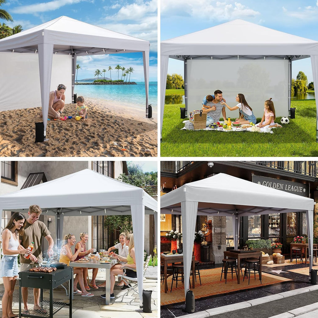 10x10 Pop Up Canopy with Sidewalls, Outdoor Instant Canopy Tent with Carry Bag Events, Camping, Backyard Parties - White