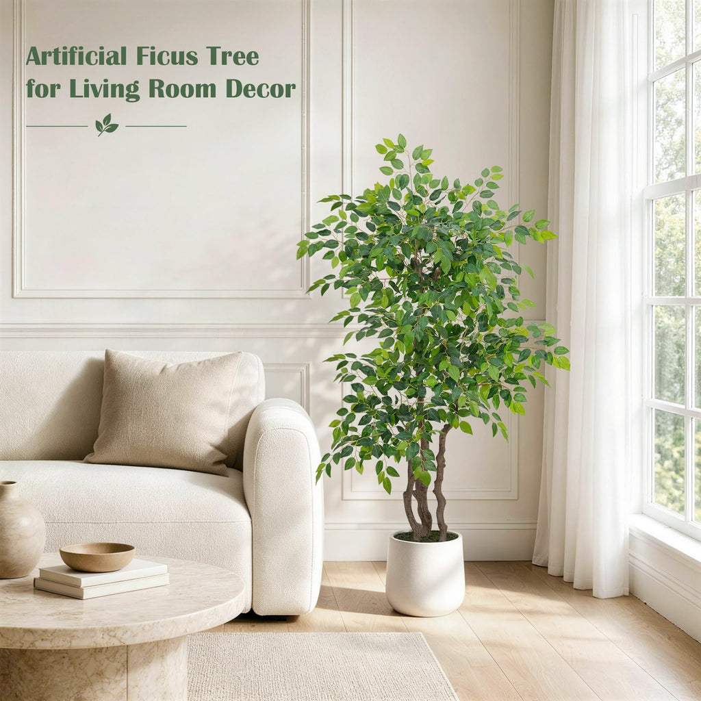 Ficus Tree Artificial 5 Ft with White Planter, Triple Natural Trunks, Dense Layered Foliage, 60" Tall Artificial Ficus