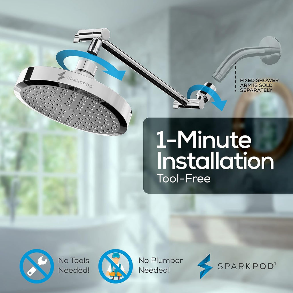 Round Rain Shower Head with Extension Arm - Height Adjustable Shower Head with High Pressure Performance
