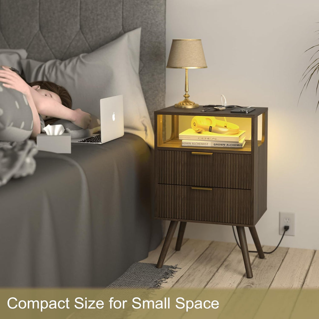Nightstand with Charging Station and LED Lights,Modern Bedside Table with 2 Storage Drawer and Open Wood Shelf