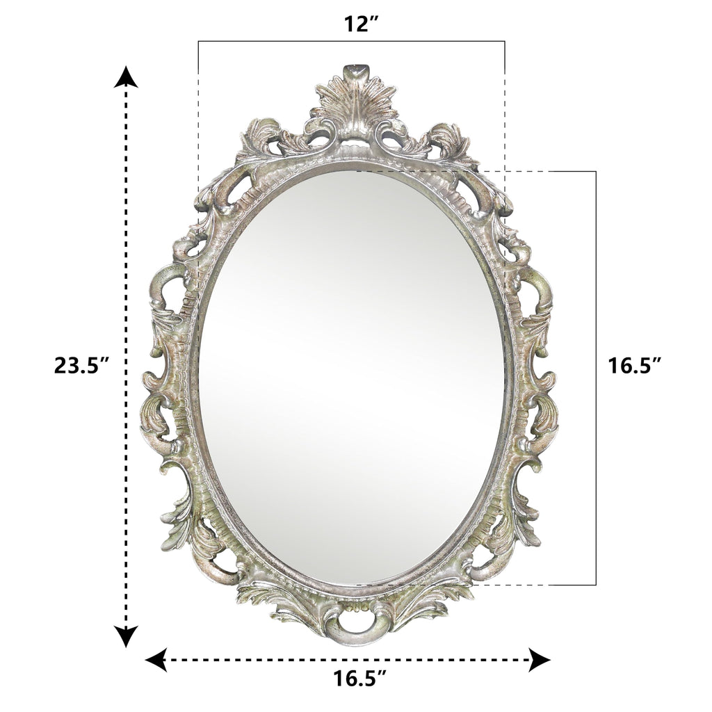 Antique Silver Oval Wall Mirror, Gothic Scroll, 18 × 24 in