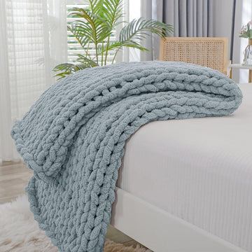 Chunky Knit Throw Blanket, 40x40 inches, 100% Hand Knitted with Thick Jumbo Chenille Yarn, Cozy Soft Large Rope Knot