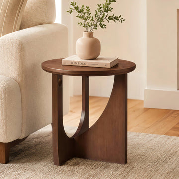 100% Solid Wood Round Side Table, 19.7'' Walnut Brown Small End Table, Sofa Side Table with Sculptural Curved Base