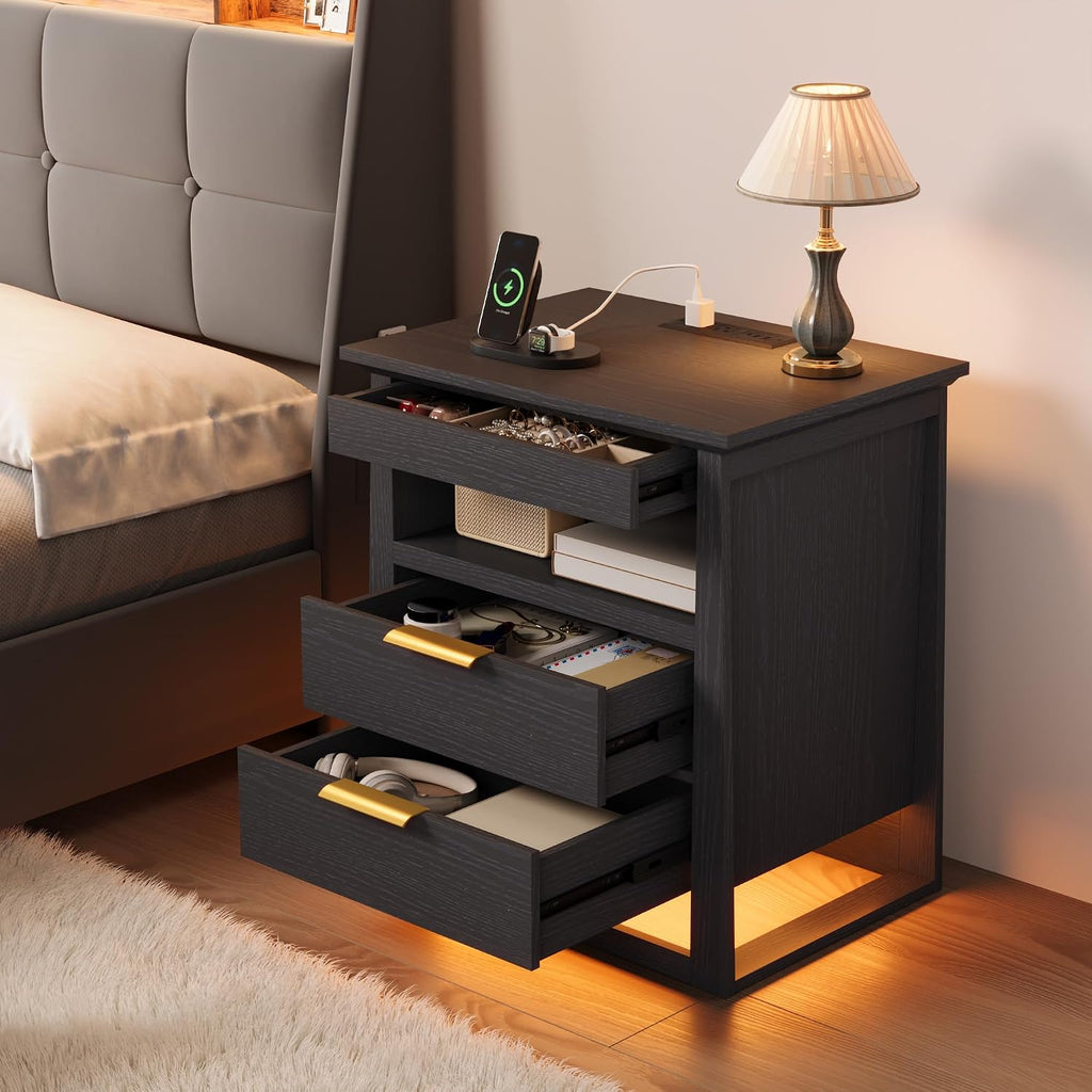 3 Drawer Nightstand with Charging Station & LED Lights & Open Shelf, Modern Night Stand with Storage, Wooden Bedside