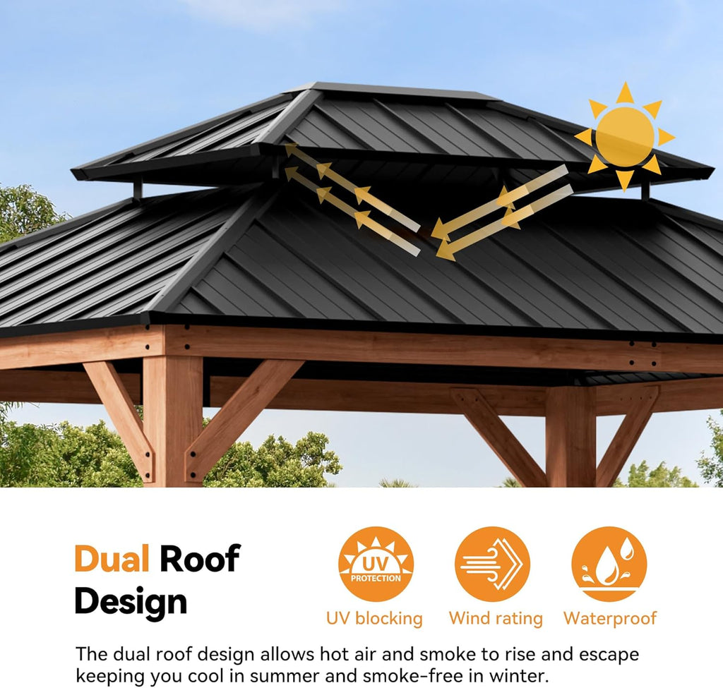 Modern Shade Wood Gazebo 10' x 12', Permanent Hardtop Gazebo with Double Galvanized Steel Roof