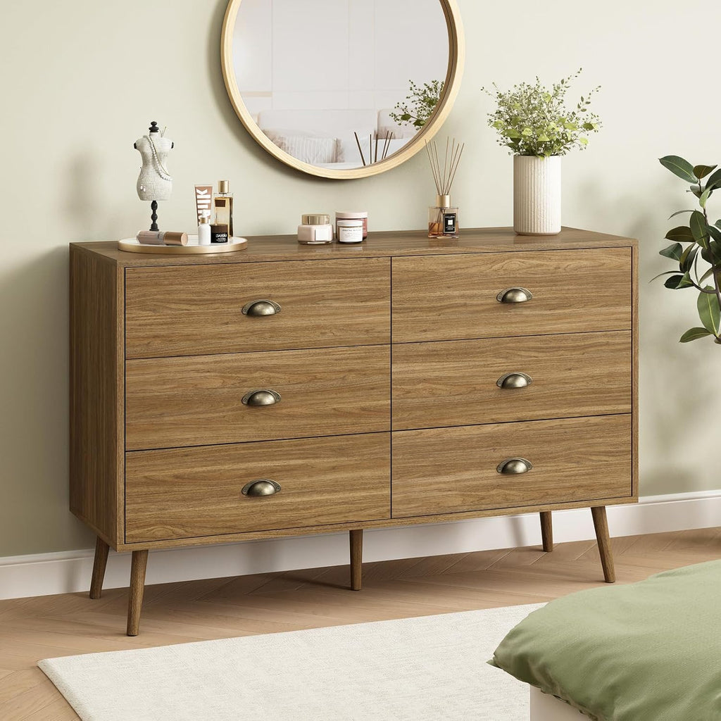 Dresser Wide Mid Century Modern Chest of Drawers,Wooden Bedroom Dresser with 6 Storage Drawers ,Oak