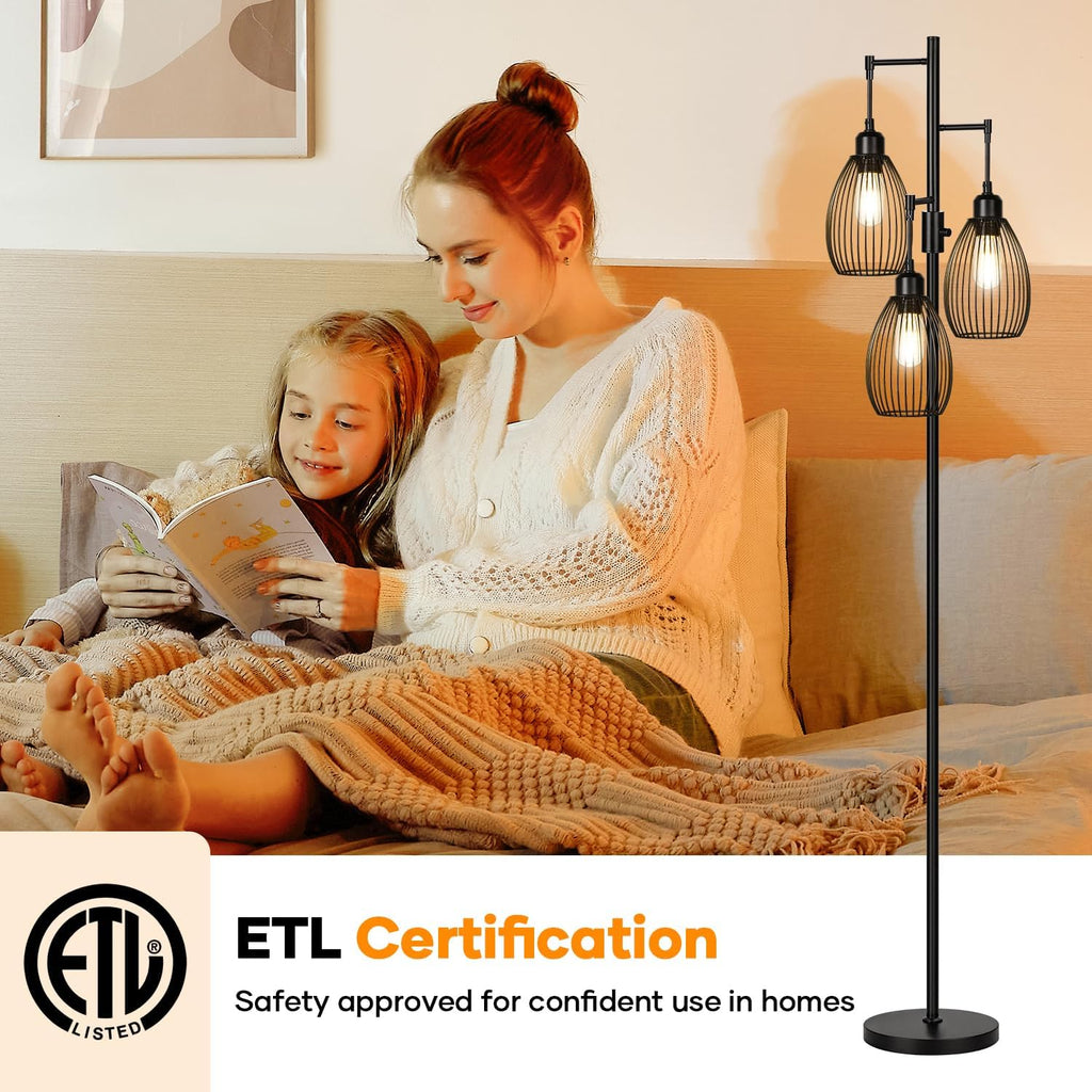 Dimmable Floor Lamp, 3 x 800LM LED Edison Bulbs Included
