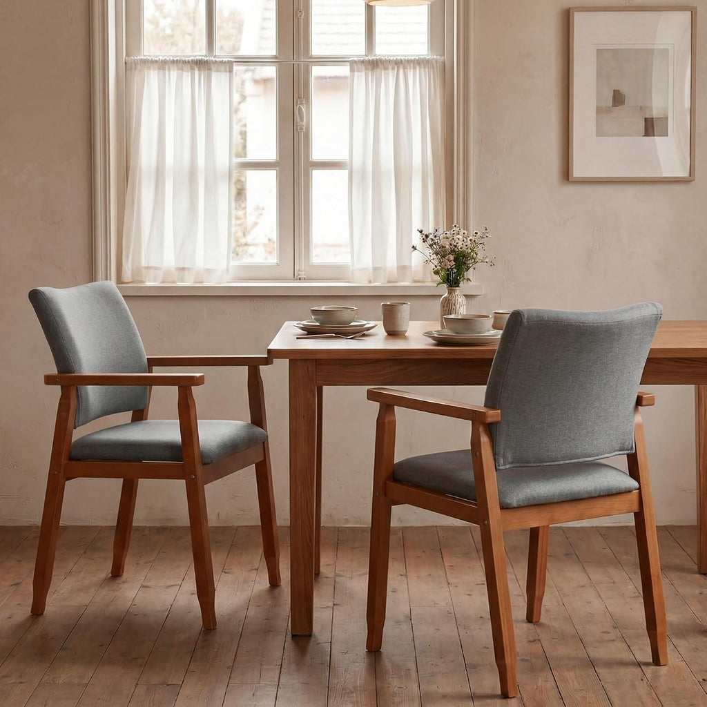 Mid Century Modern Walnut Dining Chairs Wood Arm Grey Fabric Kitchen Cafe Living Room Decor Furniture
