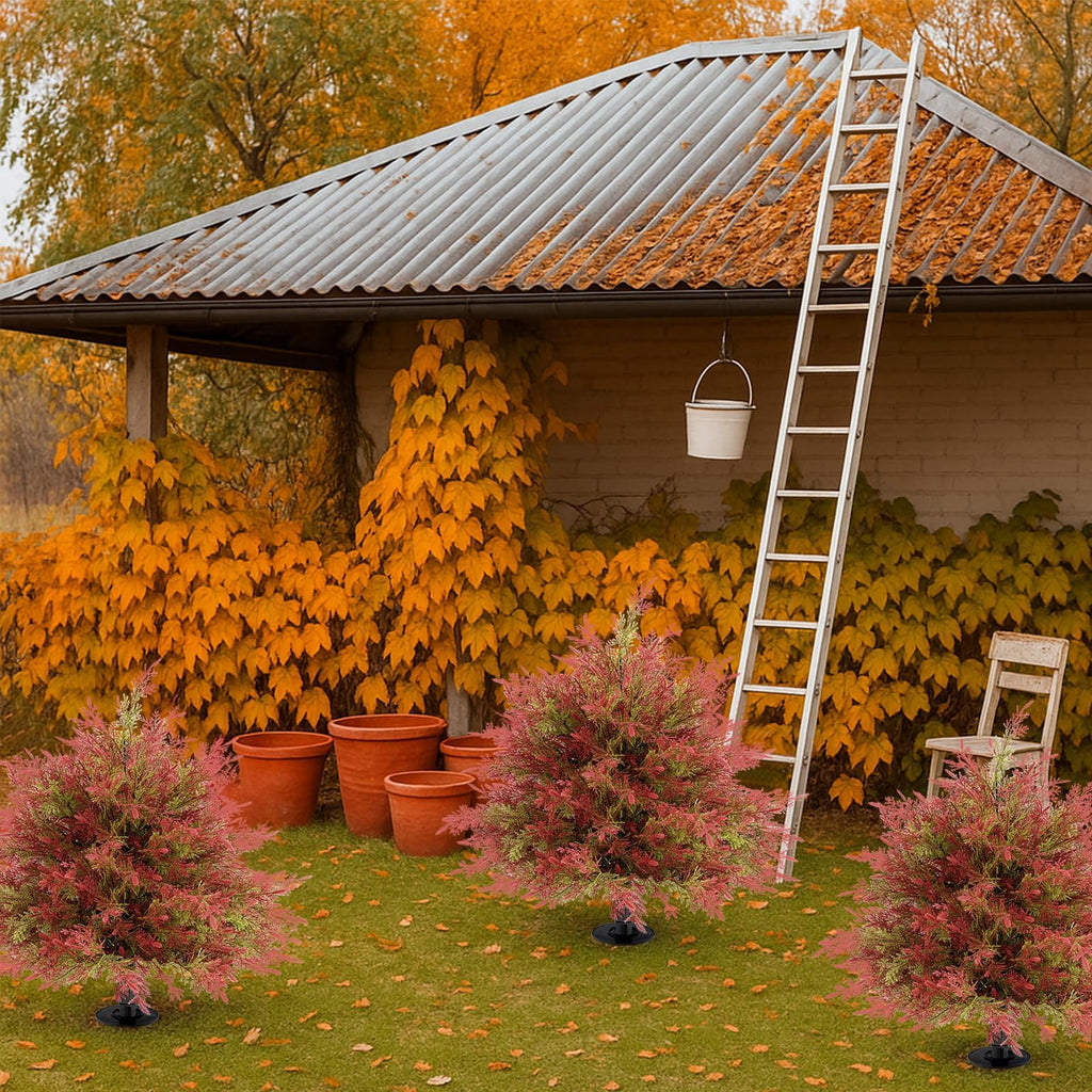 Fall Cedar Topiary Trees with Ground Stakes, Red Green Cedar