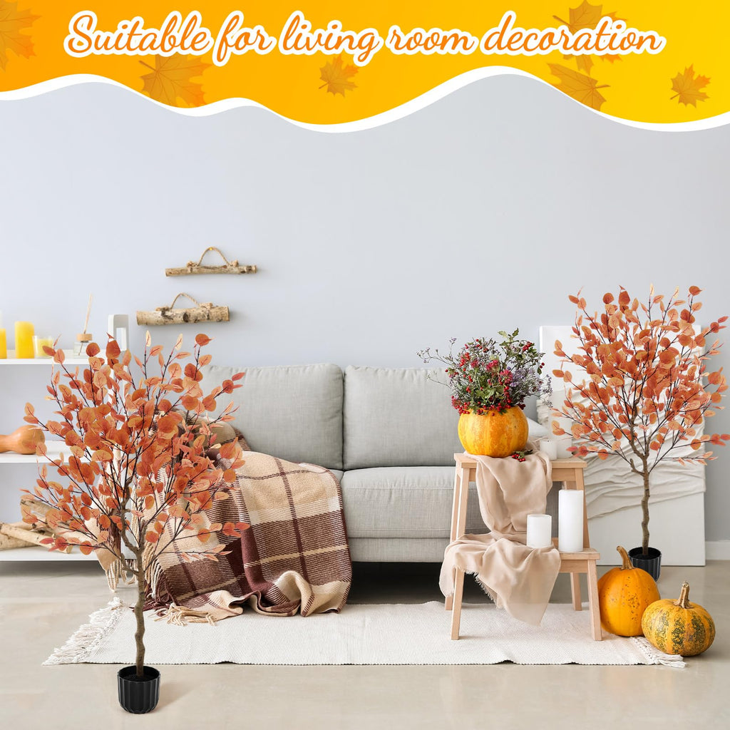2 Pack 4 ft Artificial Eucalyptus Trees with Baskets, Orange