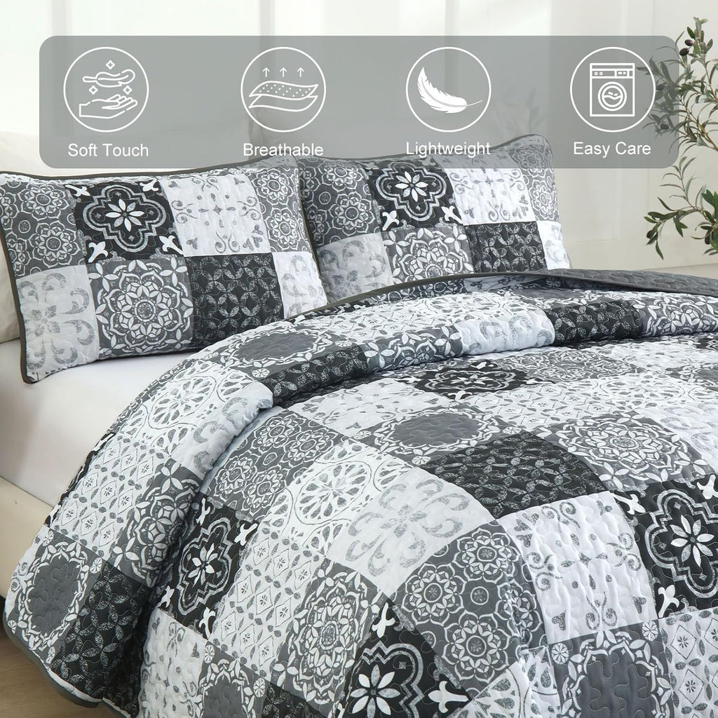 Grey Black Quilt Set, Boho Plaid Patchwork Bedspreads Coverlet Set, 3 Pieces Soft Lightweight Microfiber