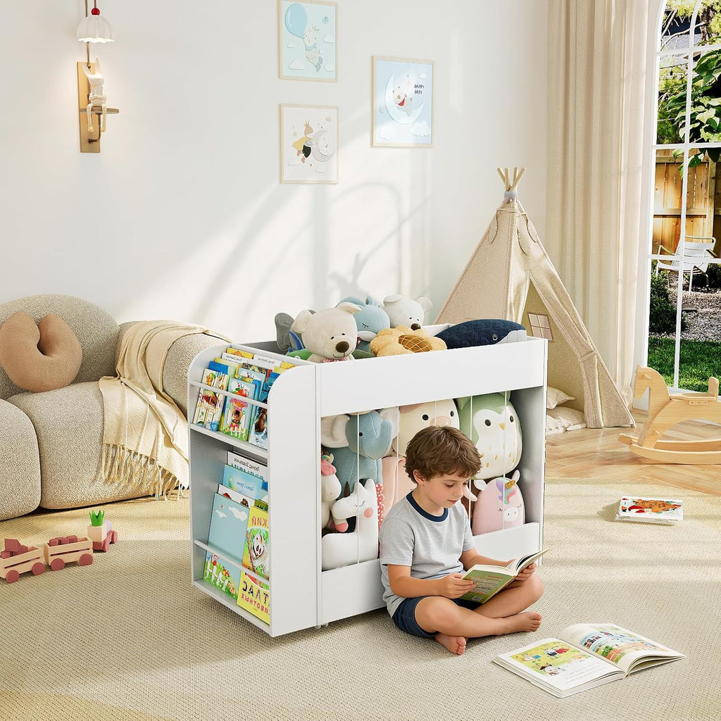 3-in-1 Toy Storage Box with Bookshelf and Chalkboard, Large Stuffed Animal Toy Chest on Wheels, Kids Toy Storage