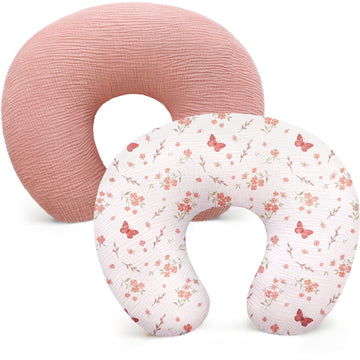 2 Pack Muslin Cotton Nursing Pillow Cover(Blush Pink&Blossom)