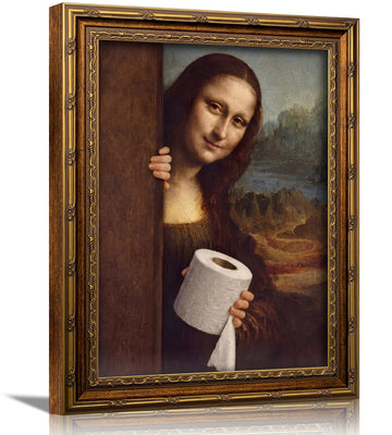 Funny Mona Lisa‐Inspired Lady Holding Toilet Paper Wall Art, Ornate Golden Framed Canvas Print, Humorous Whimsical
