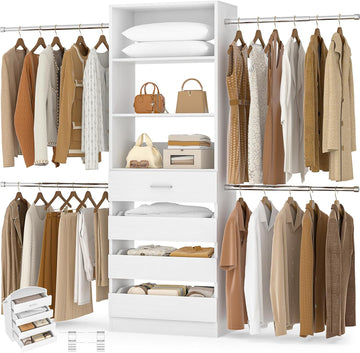 Closet System, 4-9Ft Closet Organizer with 4 Wooden Drawers, Wood Closet Organizer System with Tower, Walk-in Closet