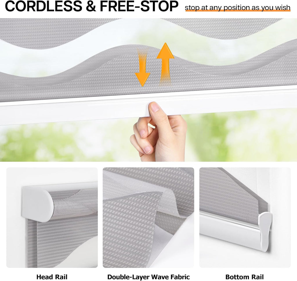 No Drill Cordless Zebra Blinds, 24" W x 72" H, Stone Grey