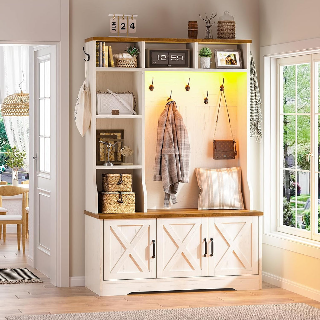 Hall Tree with Bench and Shoe Storage, Farmhouse Entryway Bench with Coat Racks and Led Lights, Tall Hall Tree with 7