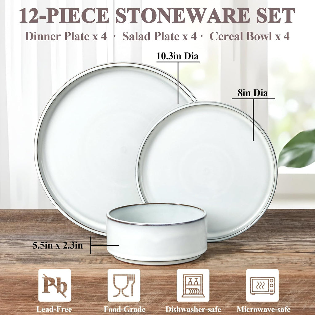 12 Pieces Stoneware Dinnerware Set for 4, Ceramic Dinner Dishware SetsPlates and Bowls with Rustic Terracotta Bottom