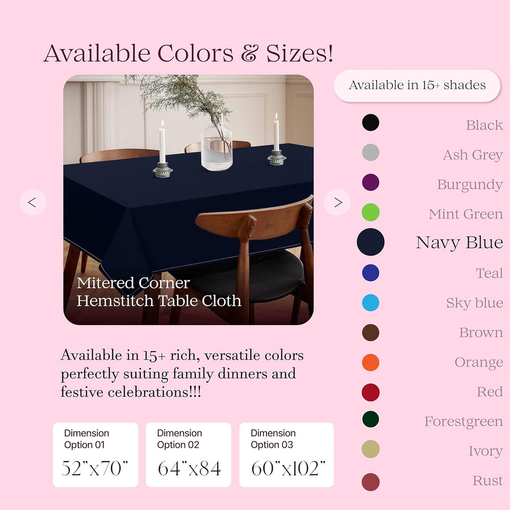 Navy Blue Table Cover, 100% Cotton Tablecloth 60x84 Inch, Fits 6-8 Seats, Soft, Durable, Washable, W