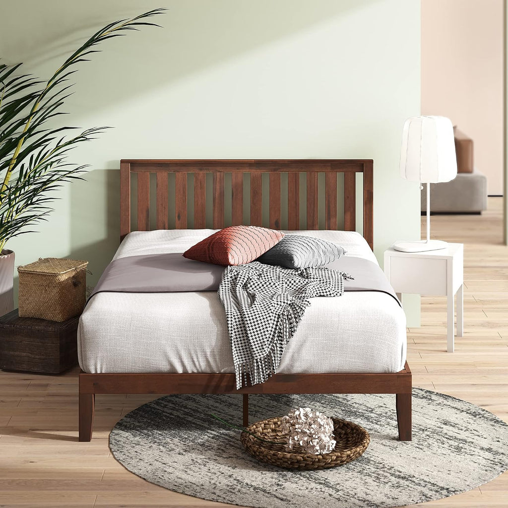 Wood Platform Bed Frame with Headboard, Solid Wood Foundation with Wood Slat Support, No Box Spring Needed