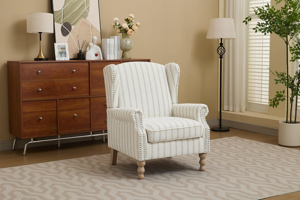 Striped Wingback Accent Chair with Wood Legs, Upholstered Armchair | Striped wingback accent chair with foam