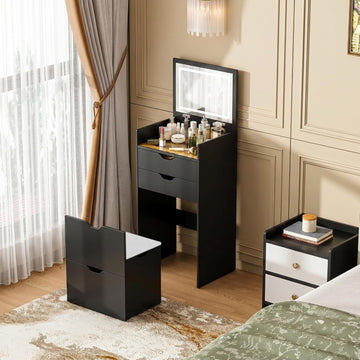 3-in-1 Vanity with Mirror and Lights, Modern Compact Vanity Table with 3 Storage Drawer, Small Makeup Vanity Desk