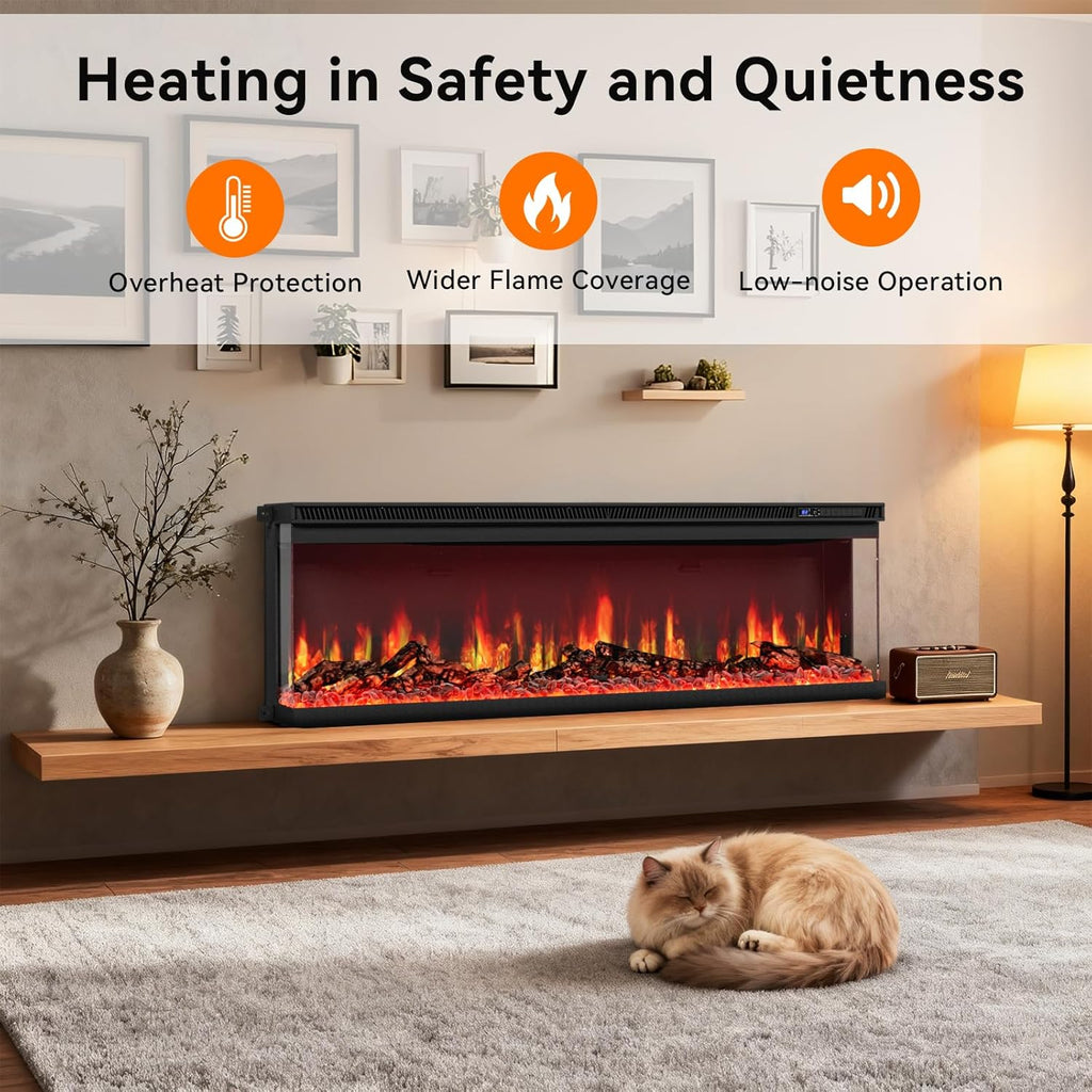 50-inch 3-Sided Wall Mount Electric Fireplace, Recessed & Built-in Design with Wi-Fi/Remote, 1500W Heater