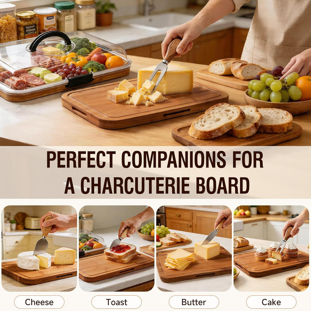 Charcuterie Board with Lid, Carbonized Bamboo, Knives Set and Bowls | Portable Double-Sided Locking Design, Cheese